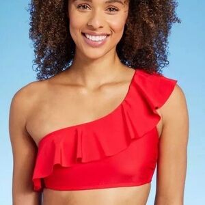 Kona Sol One Shoulder Flounce Red Bikini Top Large NEW